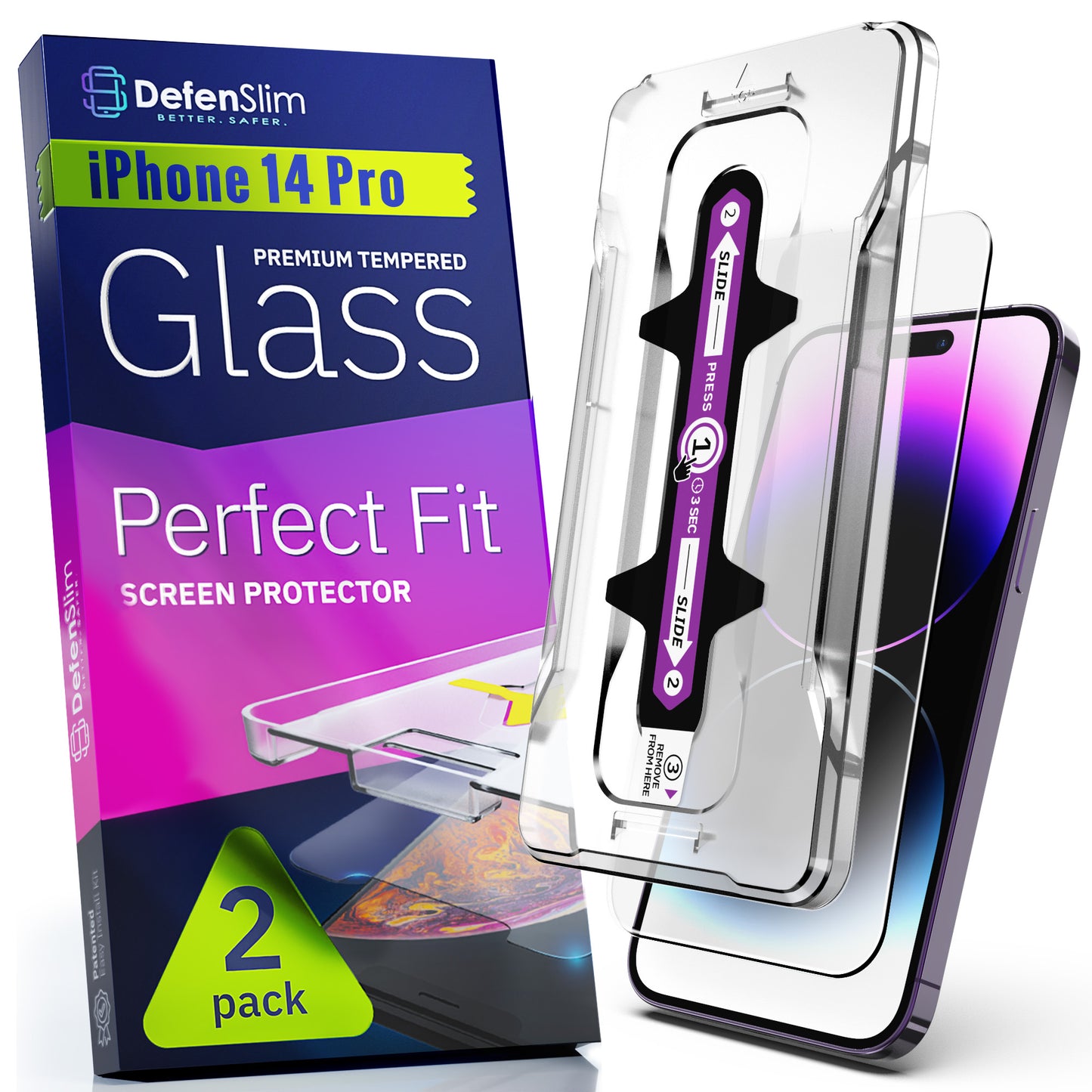Defenslim iPhone 14 Pro Screen Protector [2-Pack] with Easy Auto-Align Install Kit