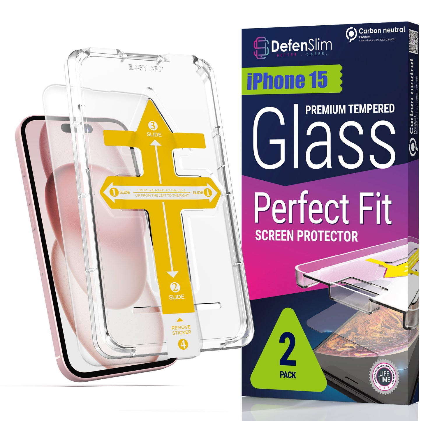 Defenslim iPhone 15 Screen Protector [2-Pack] with Easy Auto-Align Install Kit