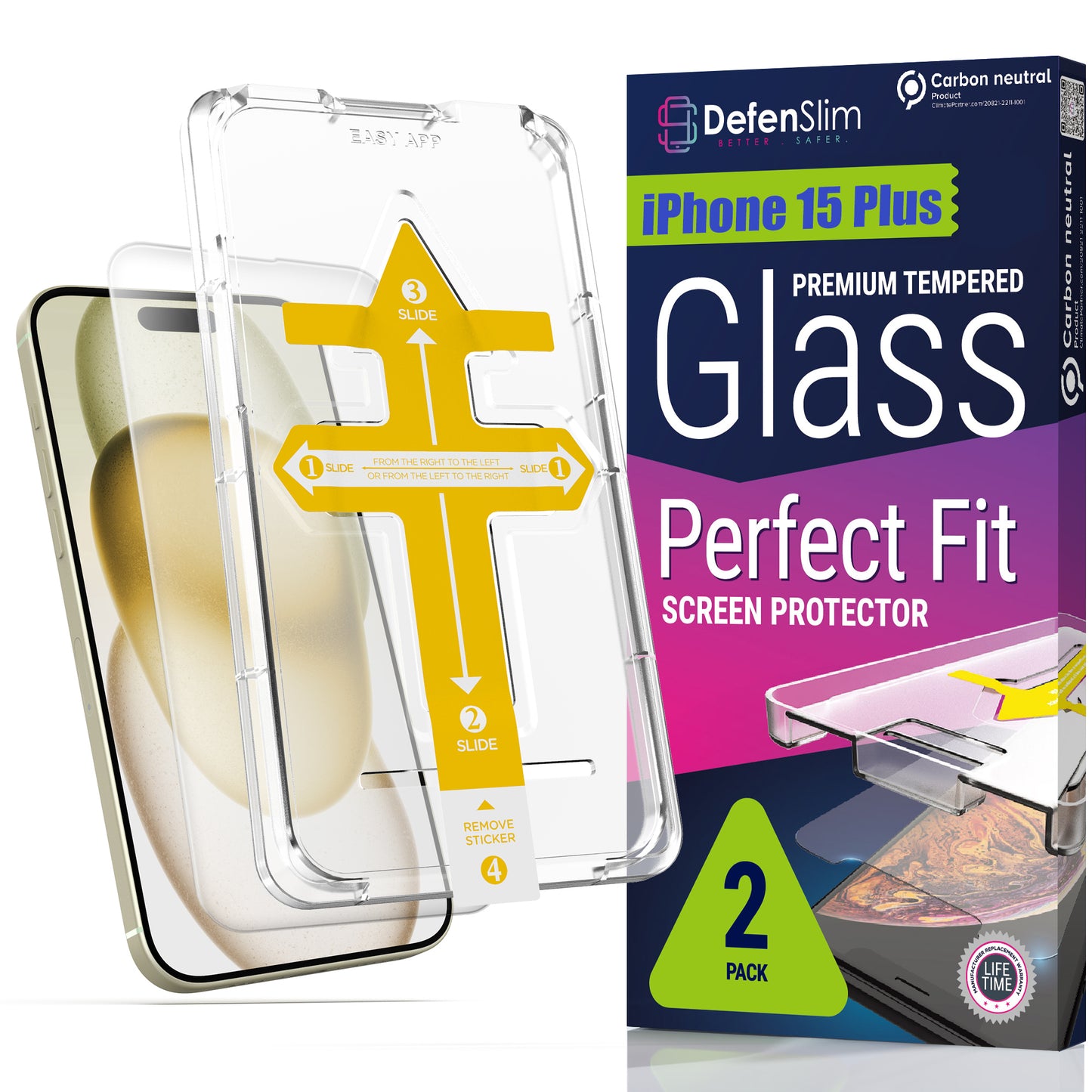 Defenslim iPhone 15 Plus Screen Protector [2-Pack] with Easy Auto-Align Install Kit