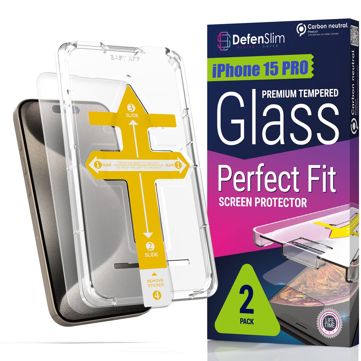 Defenslim iPhone 15 Pro Screen Protector [2-Pack] with Easy Auto-Align Install Kit