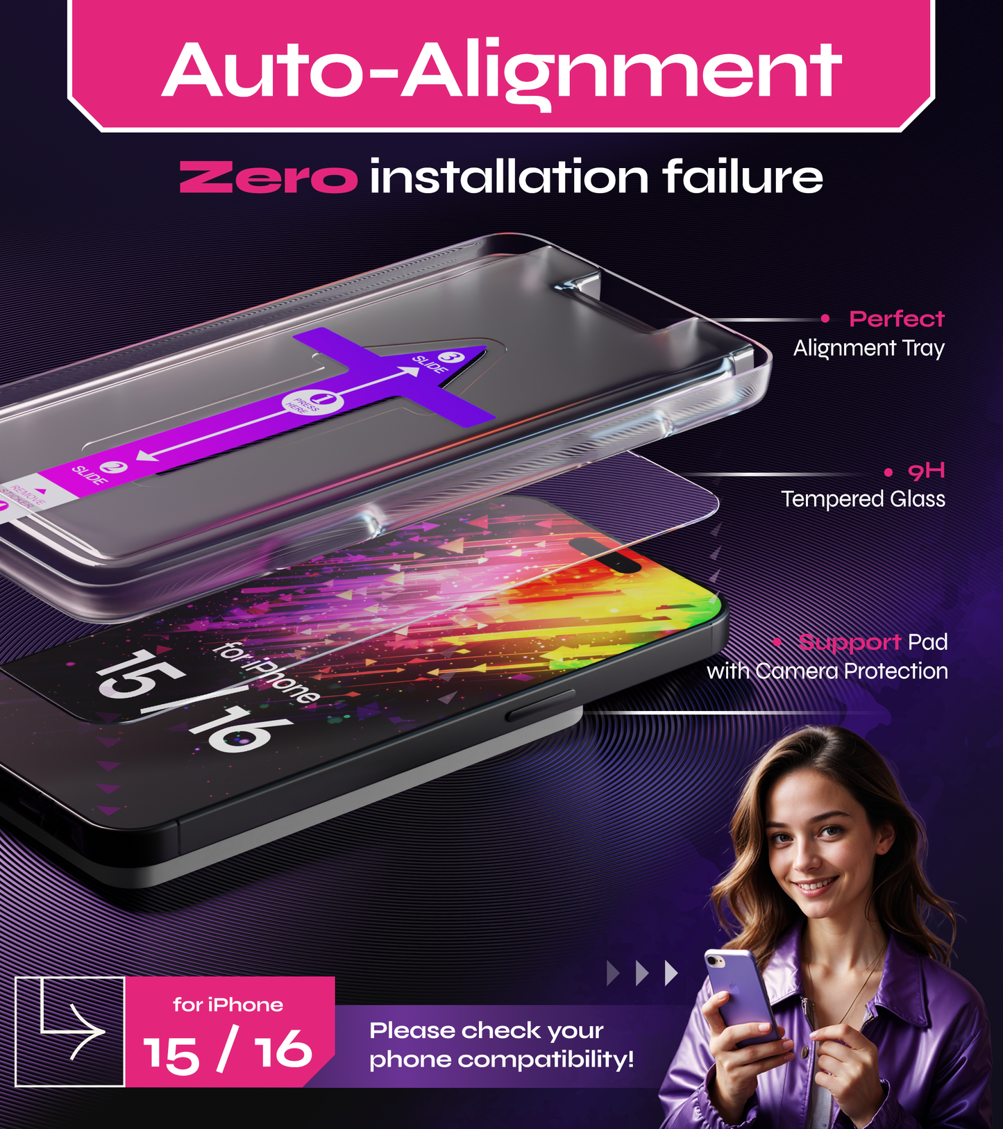 Defenslim iPhone 16 / 15 Screen Protector [2-Pack] with Easy Auto-Align Install Kit