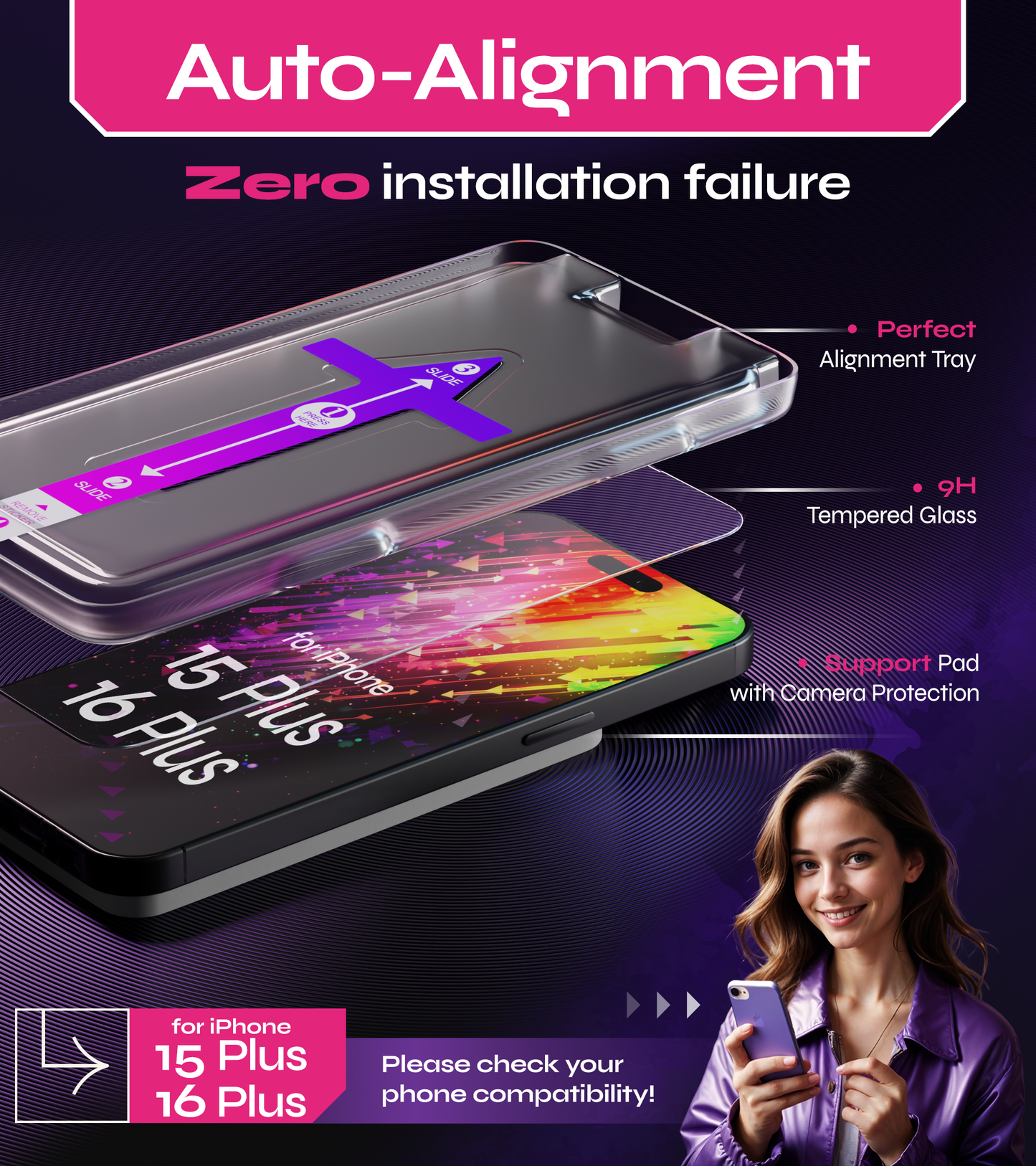 Defenslim iPhone 16 Plus / 15 Plus Screen Protector [2-Pack] with Easy Auto-Align Install Kit