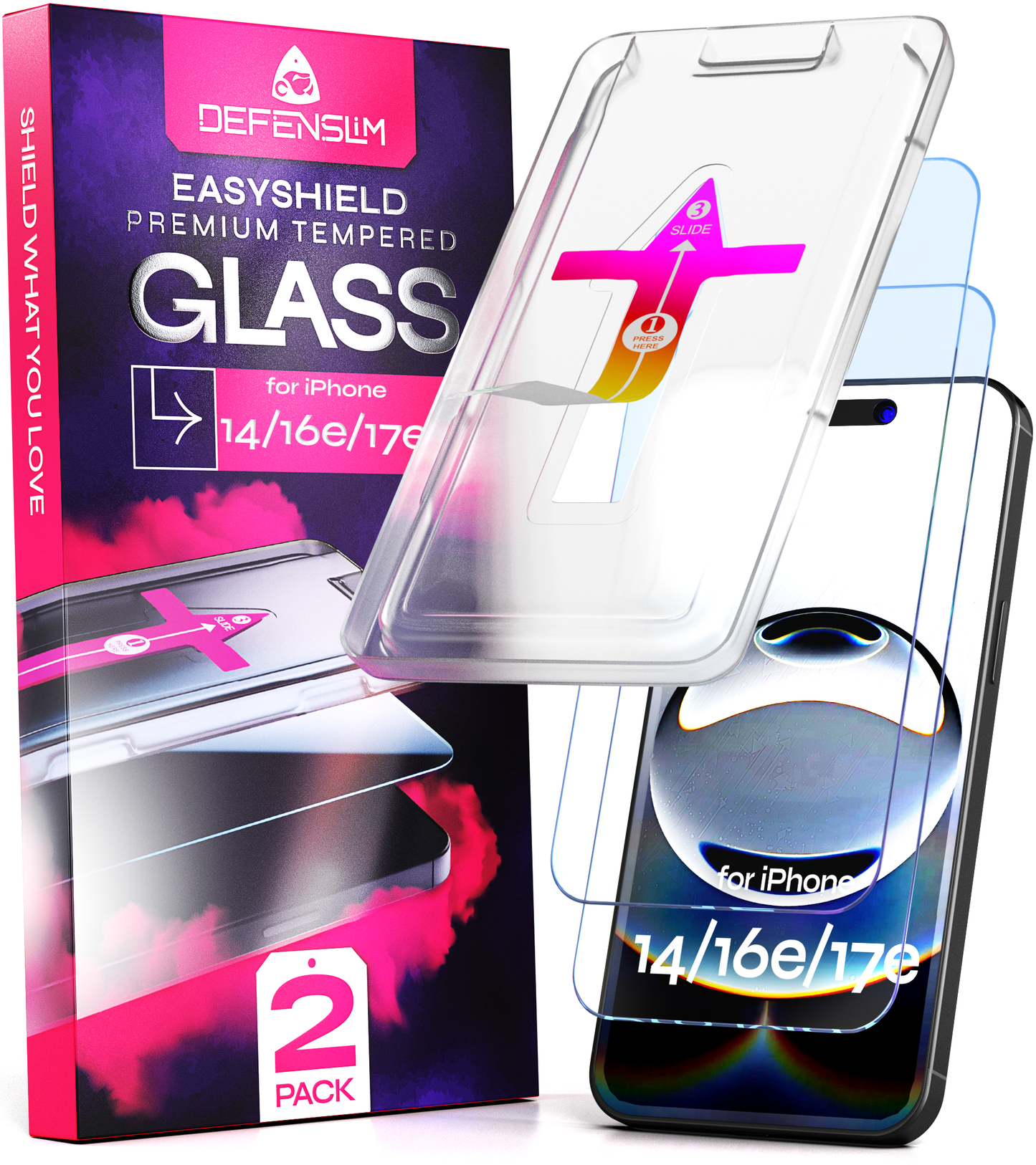 Defenslim for iPhone 14 / 16e / 17e Screen Protector [2-Pack] with Easy Auto-Align Install Kit