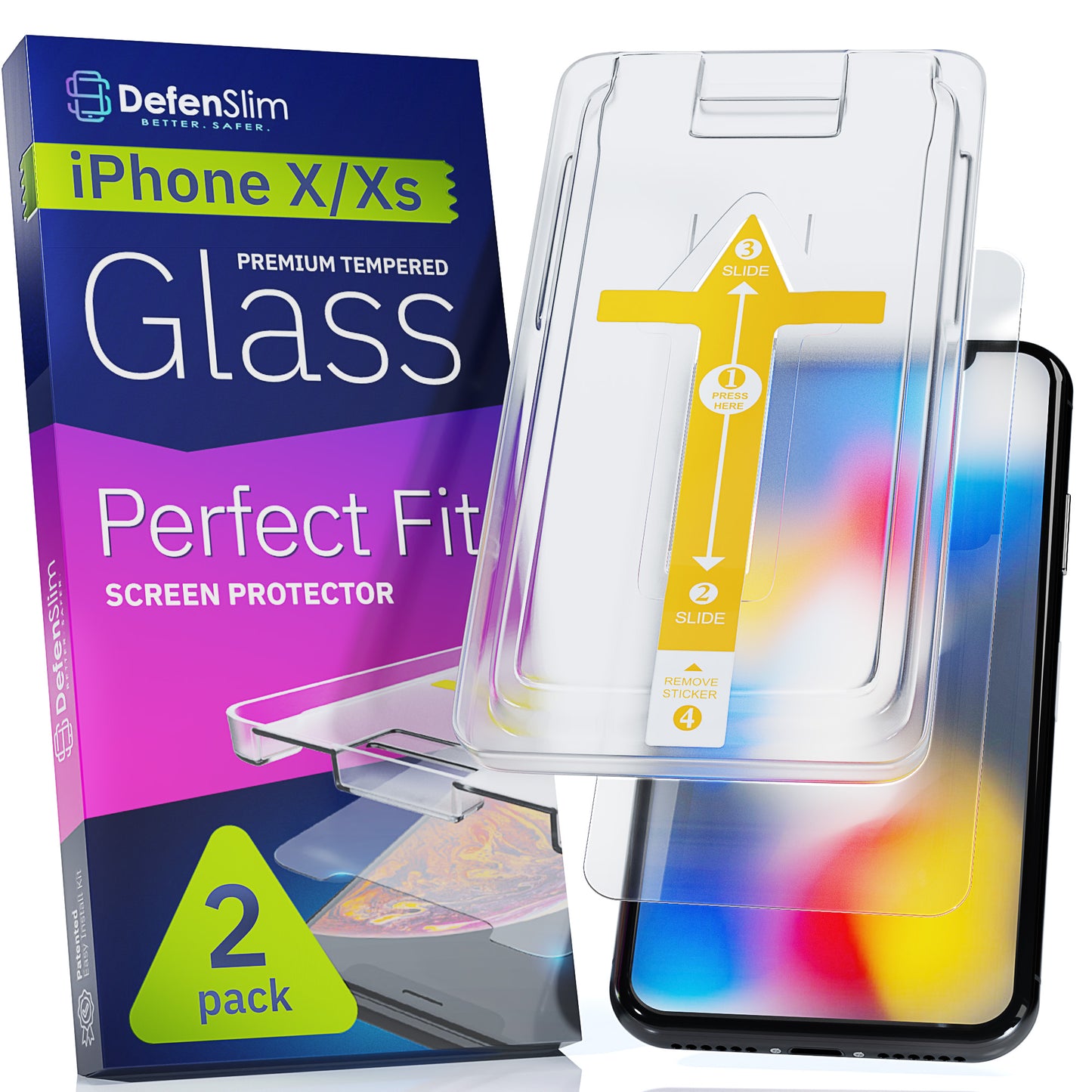 Defenslim iPhone XS Screen Protector [2-Pack] with Easy Auto-Align Install Kit